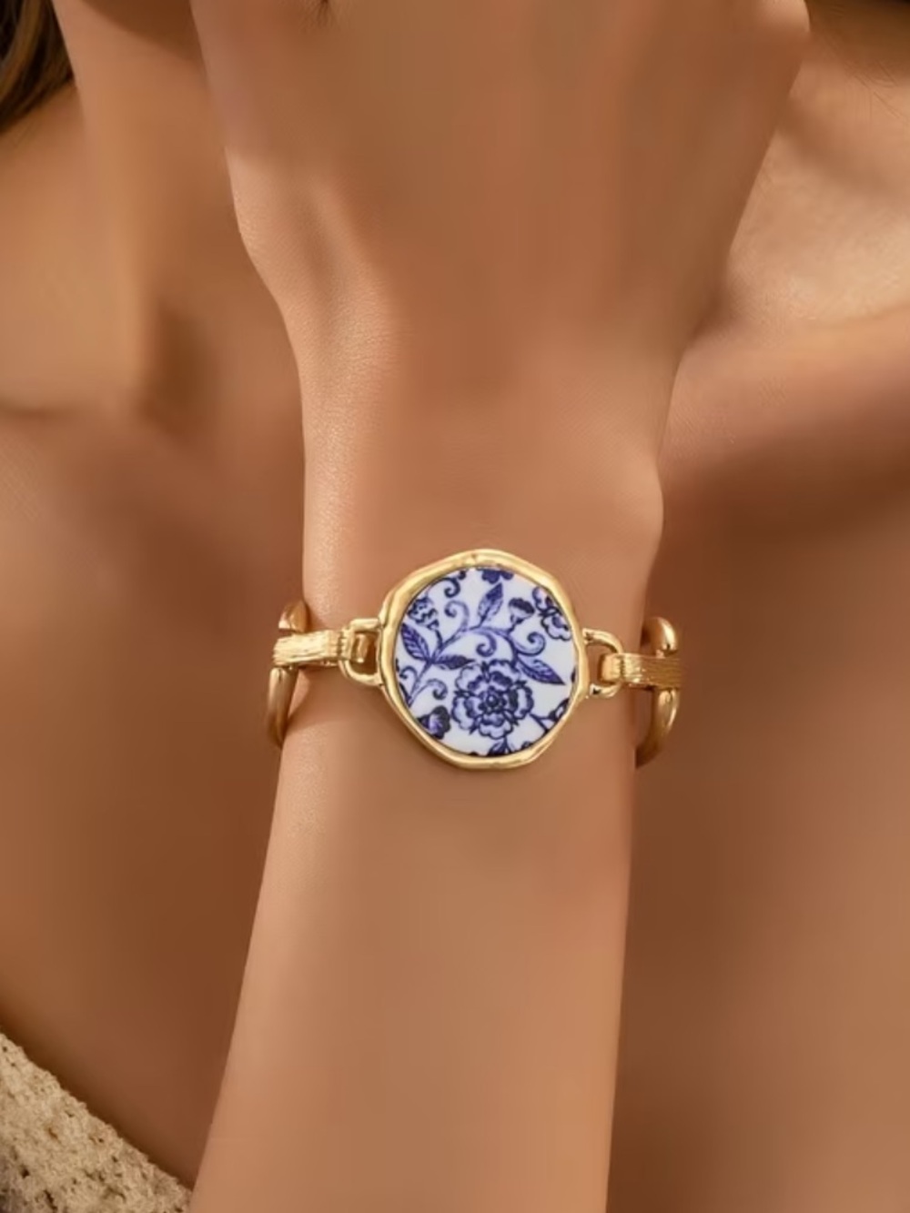 18k Gold over Stainless Steel Bracelet with Blue Floral German Porcelain Accent
